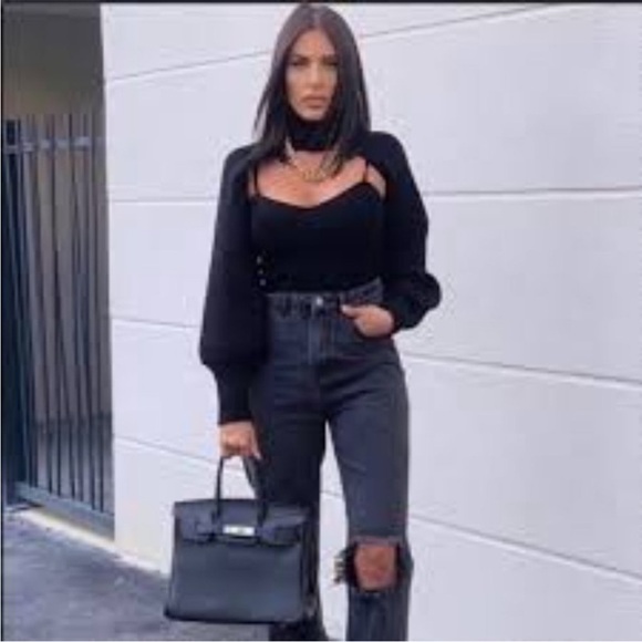 Zara Women’s Black Ribbed Knit Arm Warmer Turtleneck Size Medium Bubble Sleeve - Picture 6 of 13